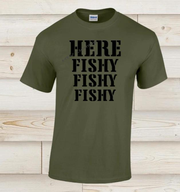 HERE FISHY FISHY MENS T-SHIRT FUNNY FISHERMAN ANGLER CARP FISHING SHIRT DAD GIFT Unisex T-Shirt S
