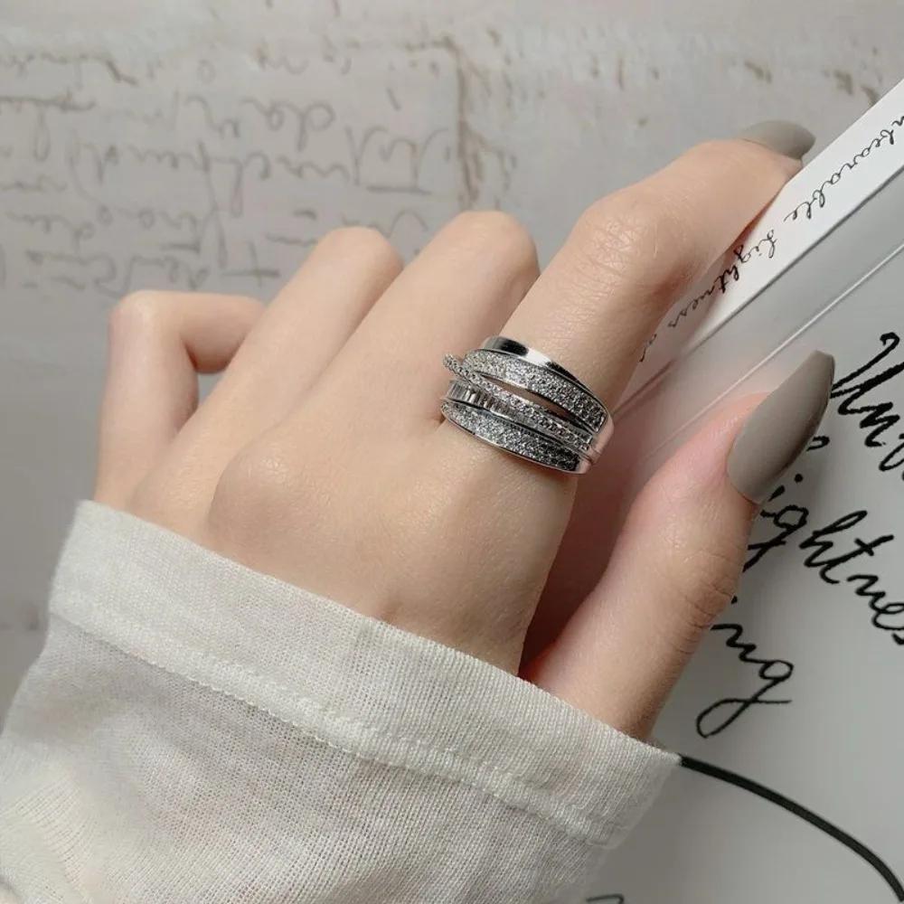 New Trendy Luxury Geometry Shiny Zircon Multi-layered Finger Gold Color Stainless Steel Couple Ring for Women Men Jewelry Gift