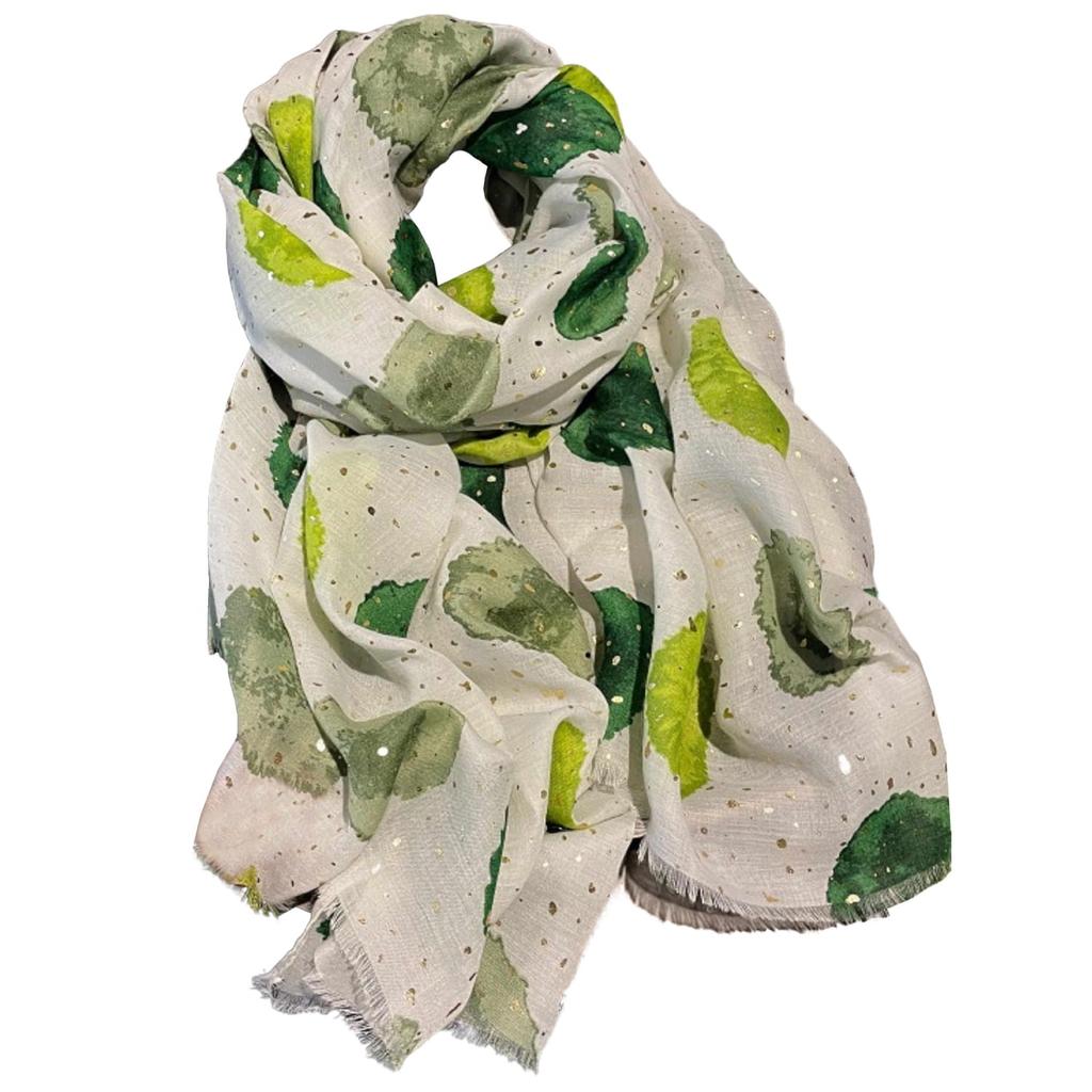 Women' Scarf White with Green Spots and Metallic Particles - Cotton and Viscose, 180X90