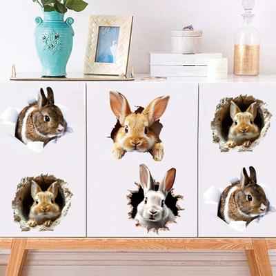 4 Sheets Easter Bunny Wall Sticker Waterproof Self-adhesive 3D Effect Broken Wall Simulation Rabbit Home Living Room Wall Art Decoration Decal