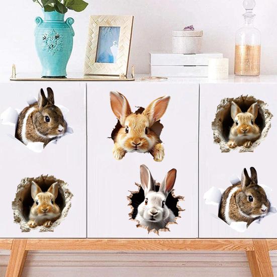 4 Sheets Easter Bunny Wall Sticker Waterproof Self-adhesive 3D Effect Broken Wall Simulation Rabbit Home Living Room Wall Art Decoration Decal