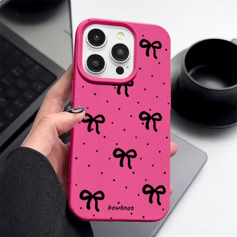 Czarne kropki, kokarda, nadruk, miękkie matowe etui na iPhone 16 Pro Max 15 Pro 14 13 12 11, TPU, tekstura skóry, odporne na wstrząsy, smukłe etui na telefon