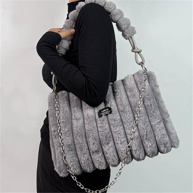 Borsa Tote Grande in Peluche da Donna con Tracolla/Manico Morbida Esterno in Peluche a Strisce Borsa Accogliente per, Viaggio, Uso Quotidiano
