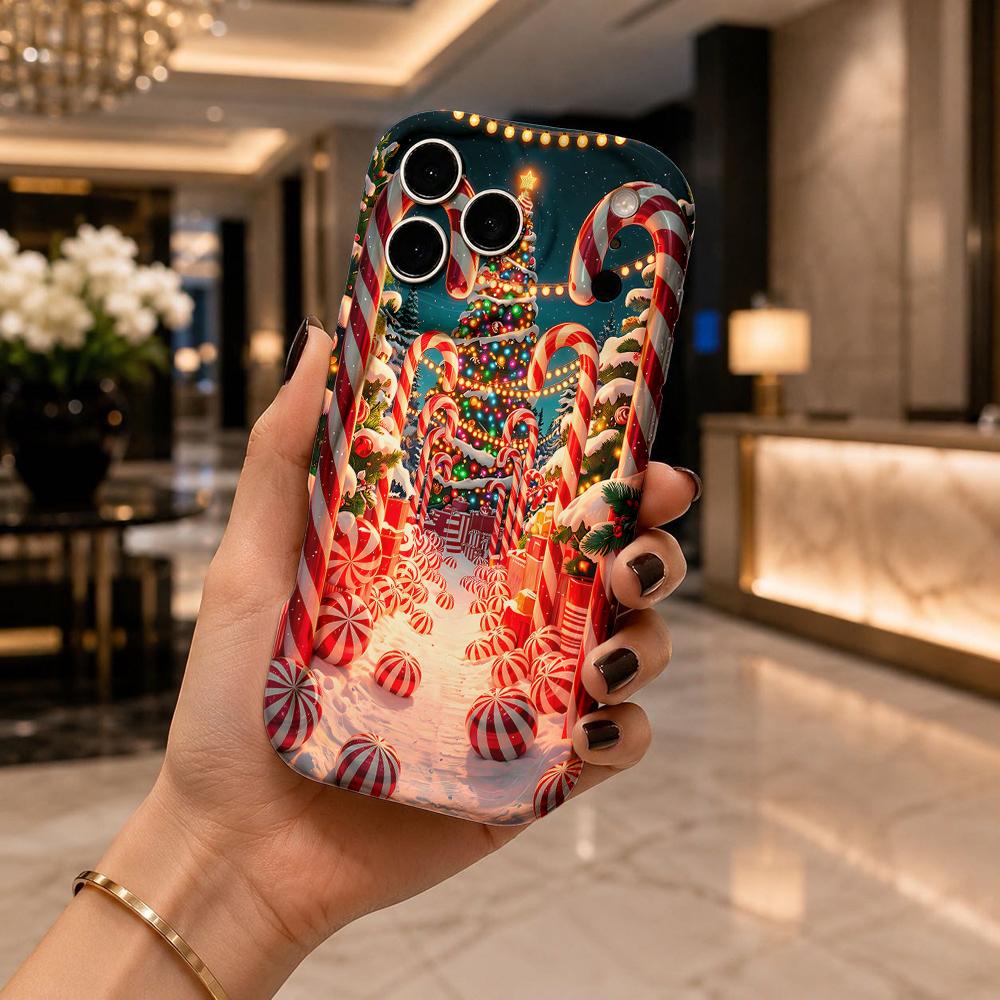 Candy Cane Christmas Tree Phone Case Festive Holiday Sweet Scene Hard Cover for iPhone Shockproof Protection Birthday Halloween Gift