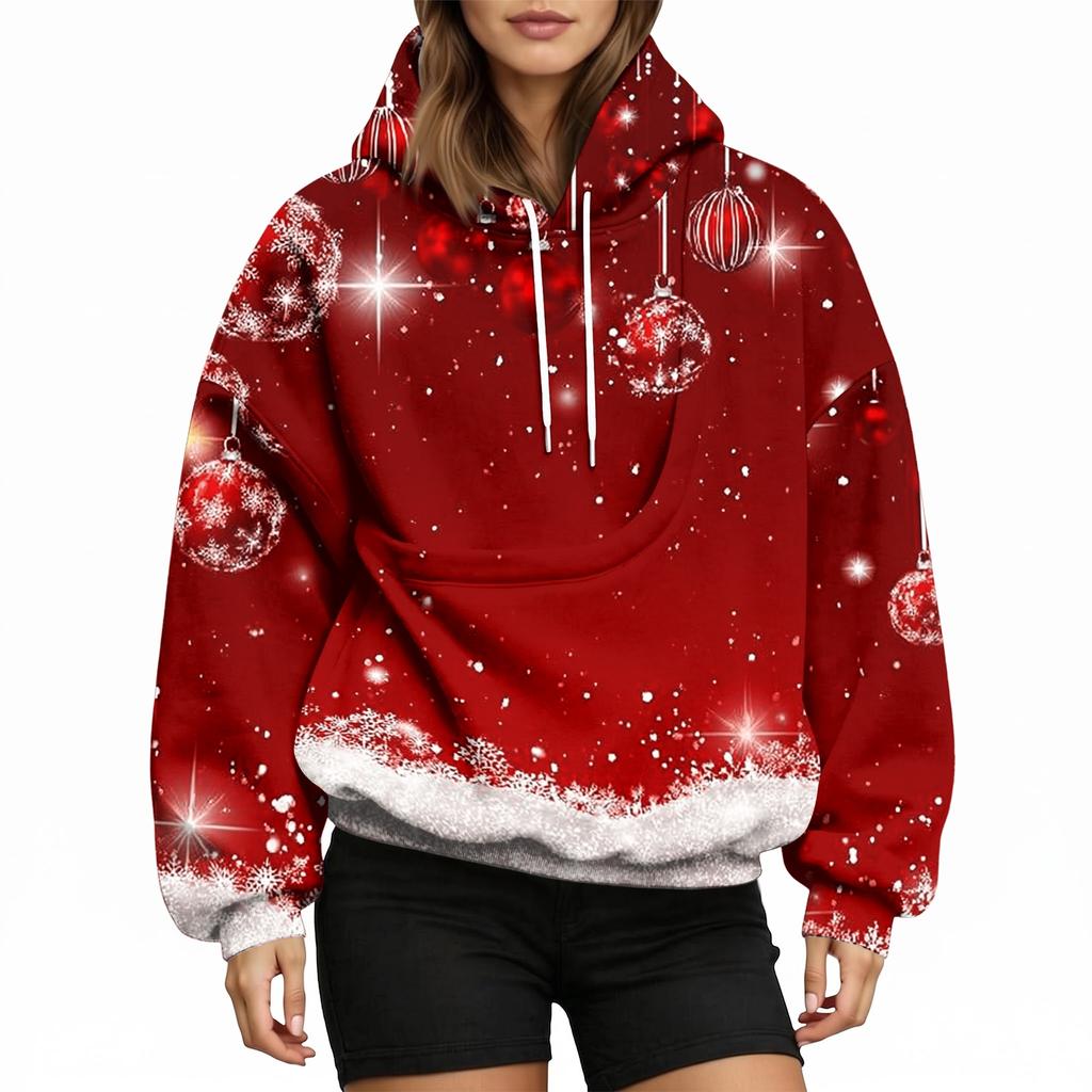 Damen Mode Weihnachtsdruck Hoodie mit Haustier-Tasche, Lässiger Pullover für Feiertagskleidung