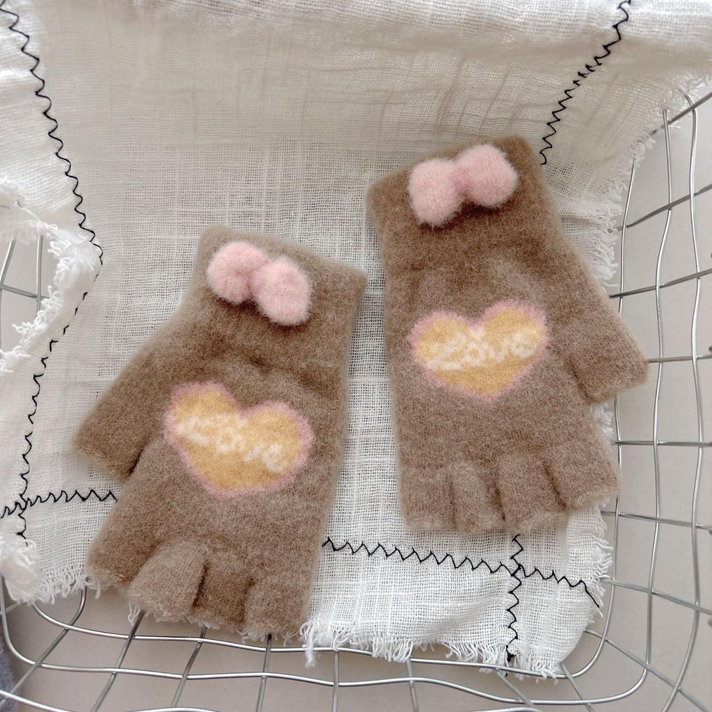 New Style Women's Half Finger Big Children's Warm Five Finger Split Finger Writing Love Bow Cute Knitted Gloves