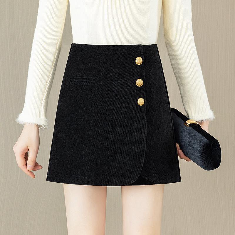 

Black Corduroy A-Line Skirt: Petite High-Waist, Hip-Covering, Fake Two-Piece, Autumn/Winter 2025 Style M чёрный