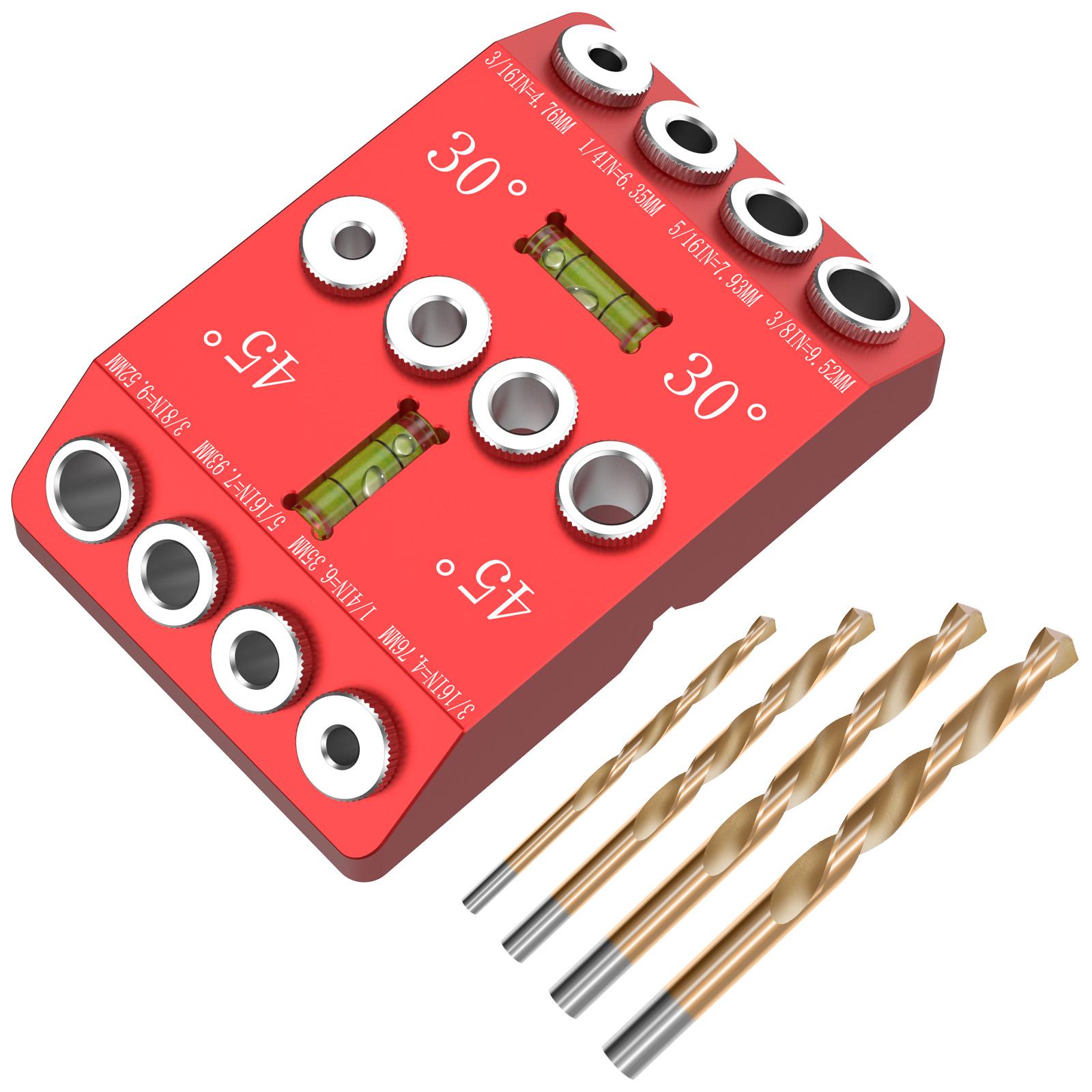 

30 45 90 Degree Angle Drill Guide Jig Aluminium Alloy Angled and Straight Hole Drill Guide with 4 Bits for Wood Post Furniture красный