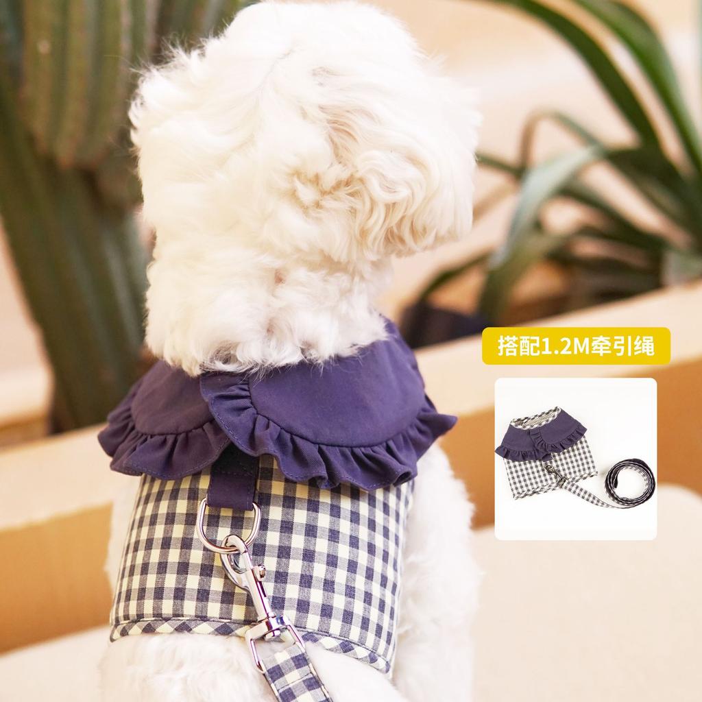 Dog Plaid Chest Strap Lapel Lace Vest Pet Traction Rope Dog Cat Chest Strap Small Dog Vest-style Pomeranian Teddy Dog Rope
