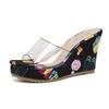 Fashion Printing Wedges High Heels Slippers for Women Gladiator Sexy PVC Transparent Peep Toe Ladies Slides Summer Retro Platform Sandal