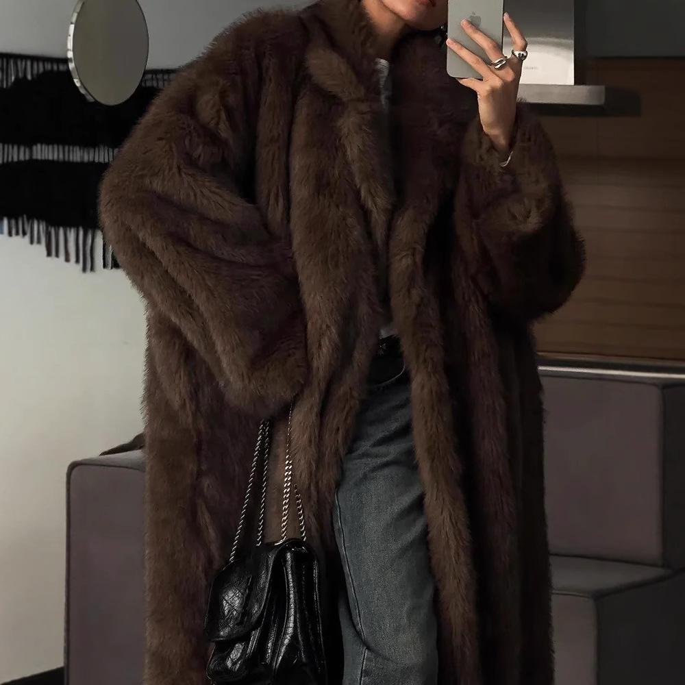 European and American imitation fur coat, thickened and extended ankles in autumn and winter, fluffy fox fur coat, brown fur coat
