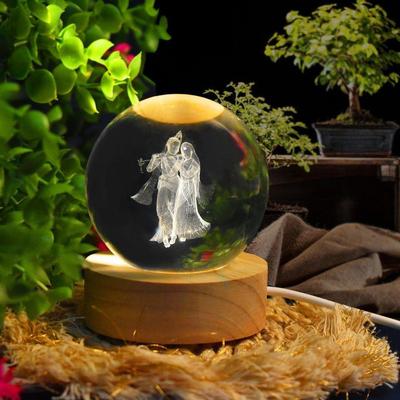 3D Radha Krishna Crystal Ball Night Lamp, Solar System Radha Krishna Idol Crystal Ball Night Light, USB Table Colorful LED Wooden Base Lamp