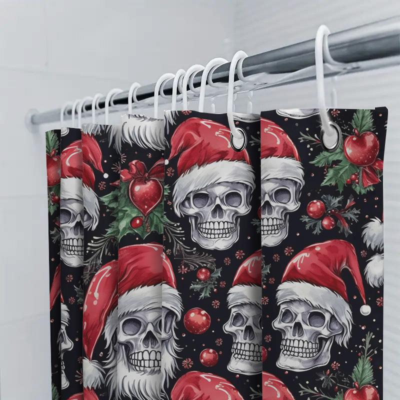 X-Mas Skull Decorative Shower Curtain With Santa Hats Holly Leaves For Home Bathroom Decoration 3D Printed Waterproof Fabric (Bl