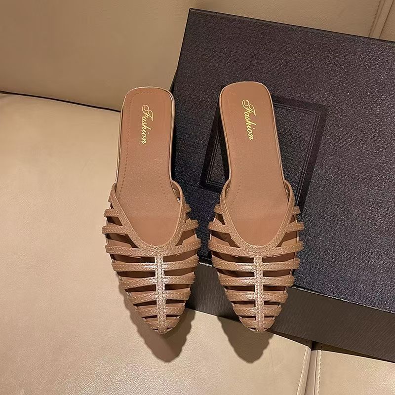 Pantoufles Baotou pour femmes, à talon bas ajouré, mi-mollet, imperméables, antidérapantes, bout pointu, style tongs, sandales modernes pour l'été et la plage.