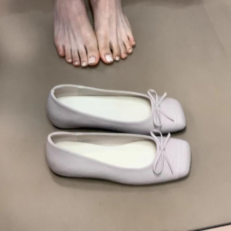 Fashion Single Shoes Women's New Spring and Summer Square Toe Shallow Mouth Bow Soft Sole Non-slip Wear-resistant Flat Shoes