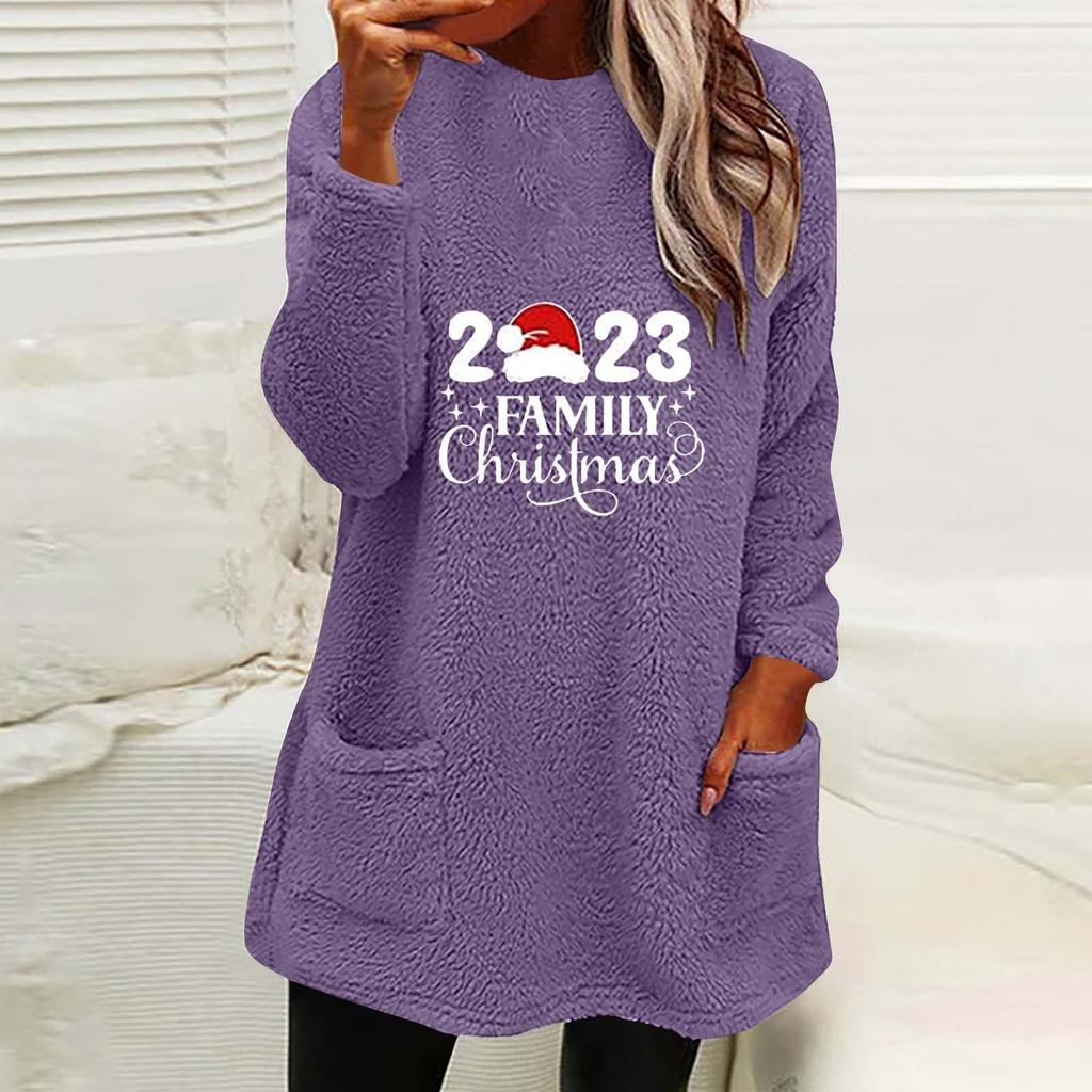 Autumn Winter Women's Christmas Print Round Neck Loose Long Sleeve Pocket Plush Hoodie