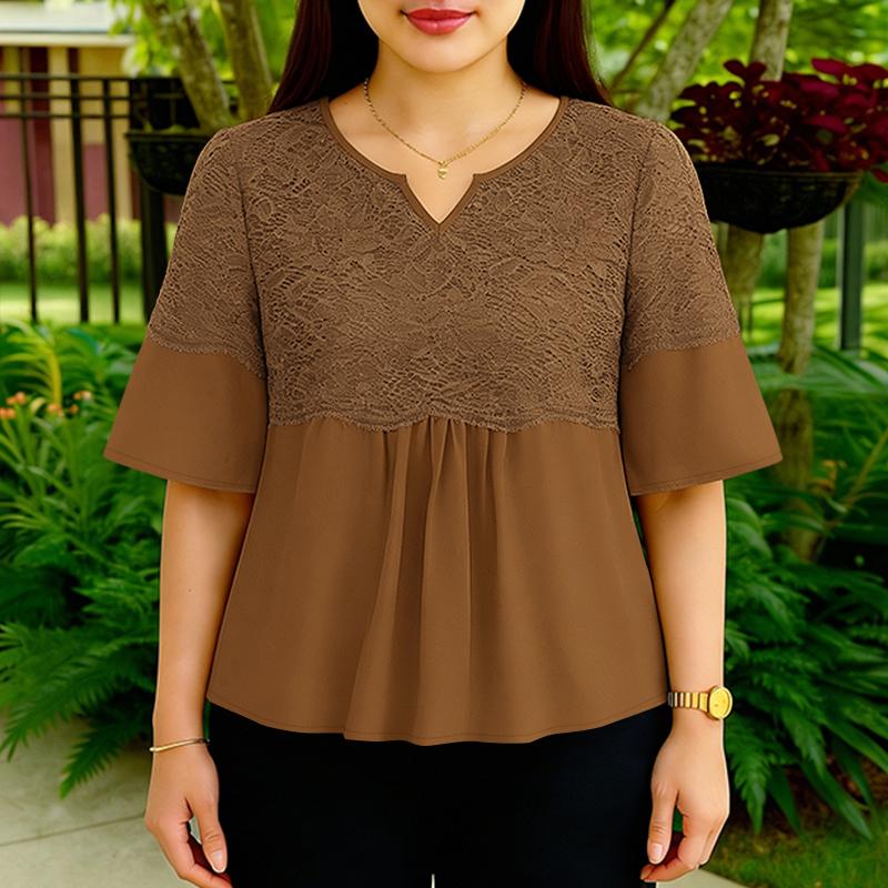ZANZEA Women Casual V-Neck Short Sleeve Elegant Lace Patchwork Blouse S коричневый