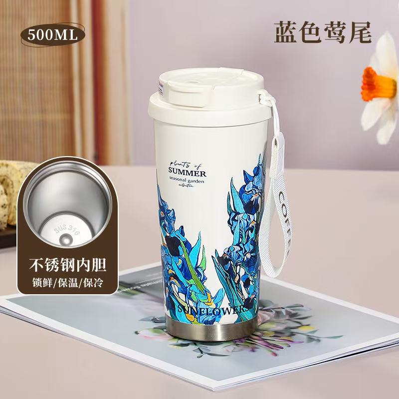 2025 New Woman Flower Coffee Mug 500ml Stainless Steel Vacuum Flask Straw and Directly Drinking Insulated Tumbler  Thermal Cup