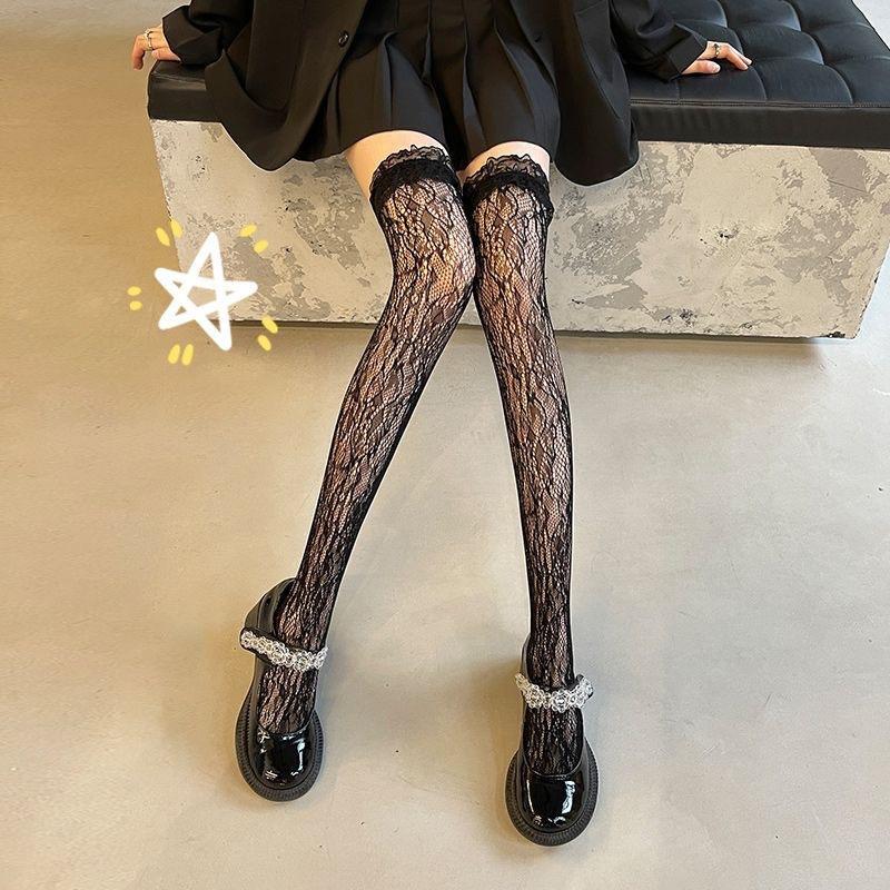 Lolita Straps Y2k Stockings White Pure Desire Socks Subculture Long Knee Socks Black and White Silk Thin Babes