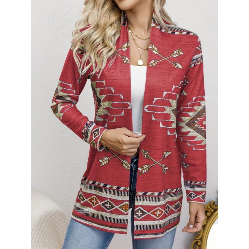 Western Ethnic Print Open Front Cardigan, Casual Long Sleeve Loose Cardigan, Women'S Clothing