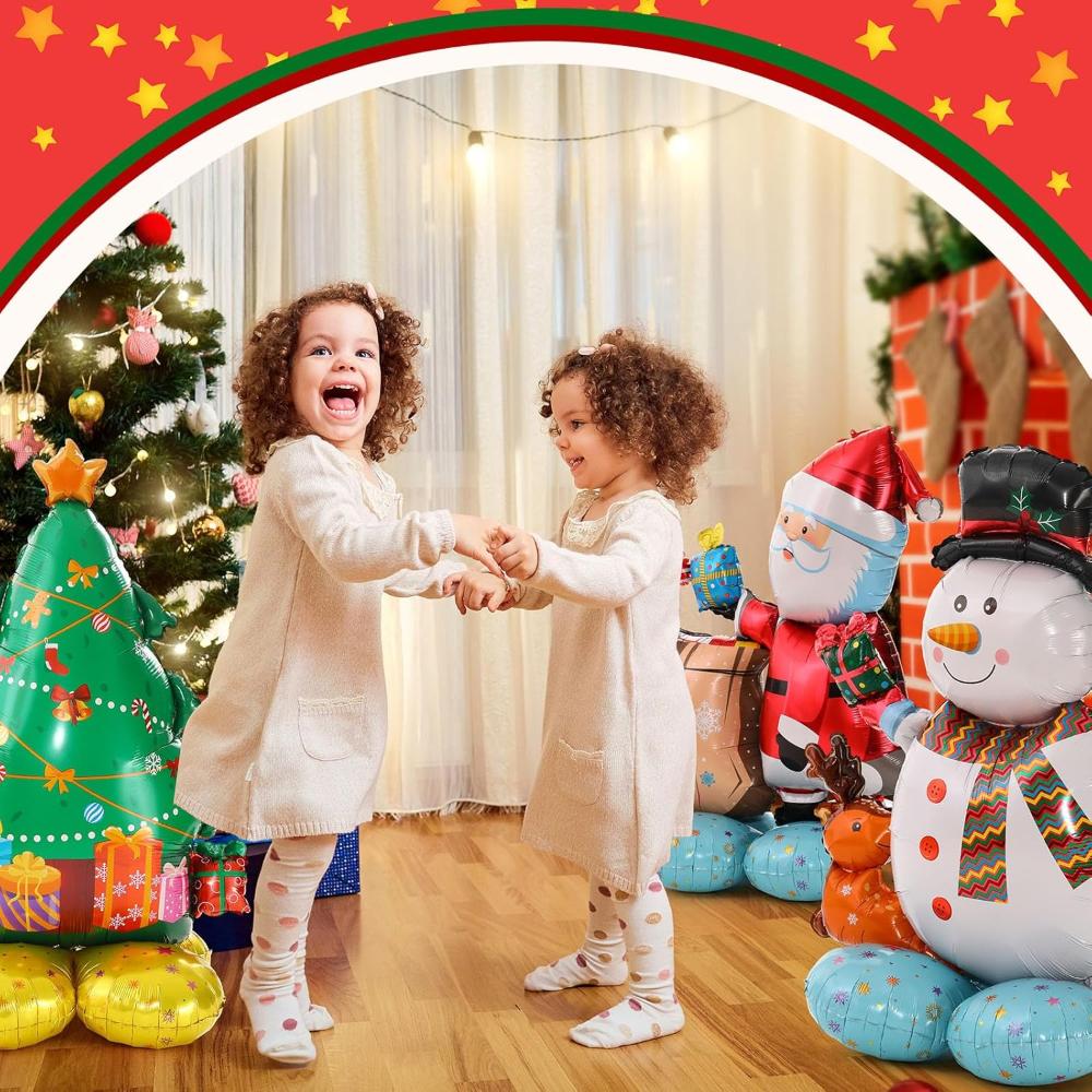 3 Pcs Christmas Balloon Giant, 4D Christmas Tree Santa Claus Snowman with Base Balloon for New Year Party Decorations Supplies