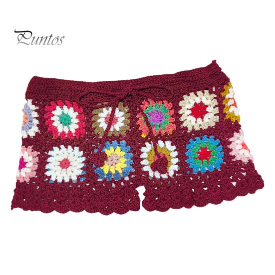 Women Crochet Beach Shorts Hollow Out Colorful Print Super Short Drawstring Elastic Waist High Waist Slim Fit Vacation Bikini Shorts