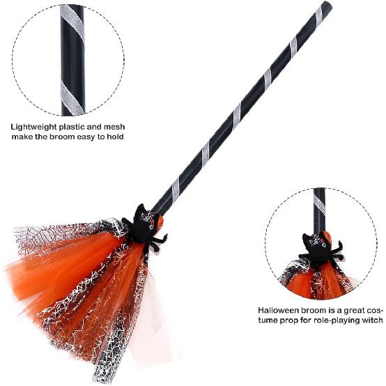 Halloween Witch Broomstick Cosplay Broom Props Realistic Wizard Flying Broom Stick Accessory for Costumes Orange