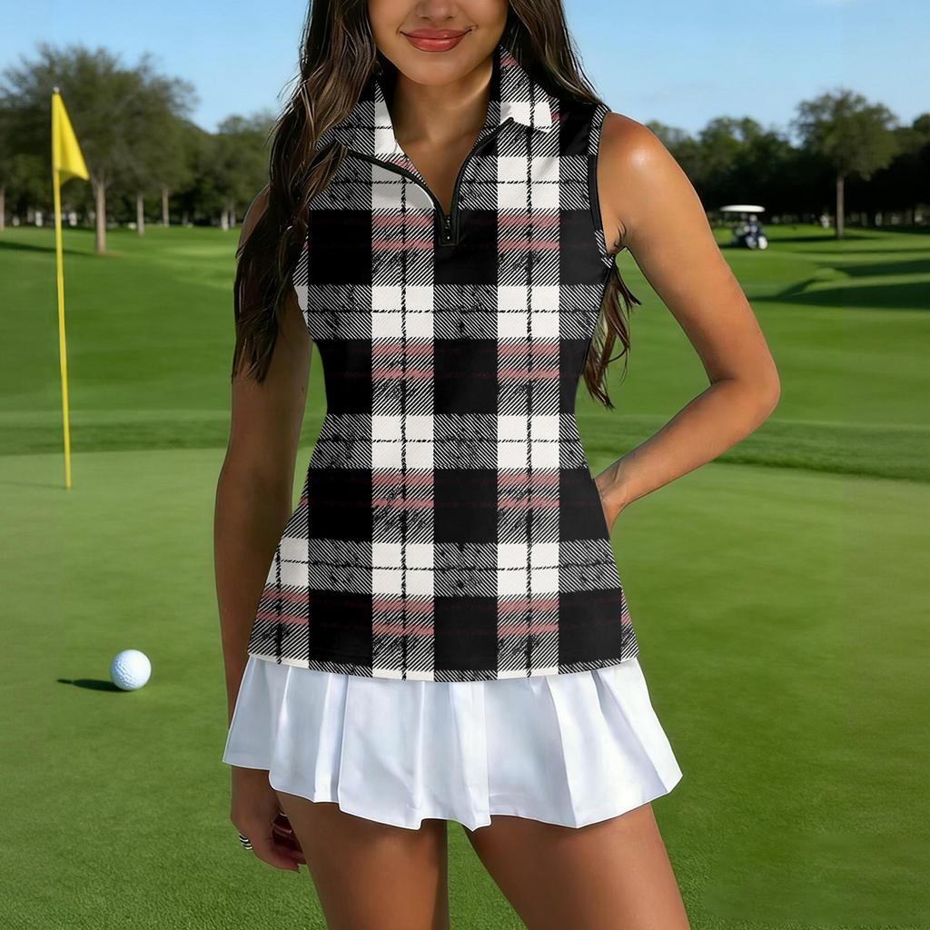 Women Sleeveless Golf Polo Shirt Zip Collar Plaid Print Athletic Tank Top for Sports and Outdoor Activities