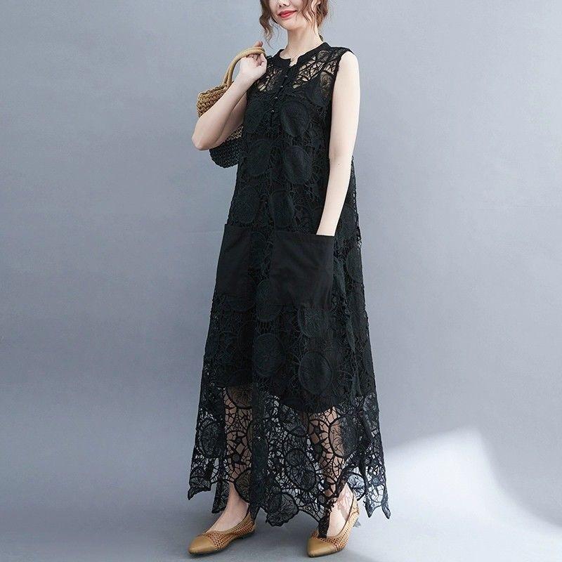 Retro Embroidered Lace Sleeveless Vest Dress Set - Plus Size, Hollow-Out, Two-Piece, Summer Loose Fit.
