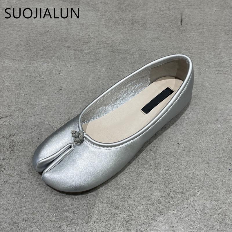 Fashion SUOJIALUN 2025 Autumn Women Flats Ballerina Shoes Fashion Split Toe Flat Ballet Female Casual Slip On Loafer Bot Knot Flats Muje