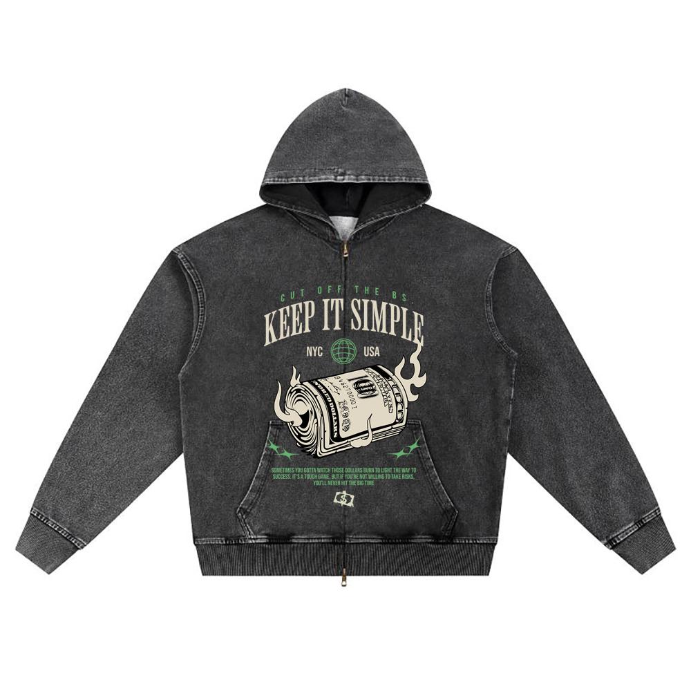 DTG Print Knitted Denim Zip-Up Hoodie Keep It Simple Brother Print Zipper Hoodies  