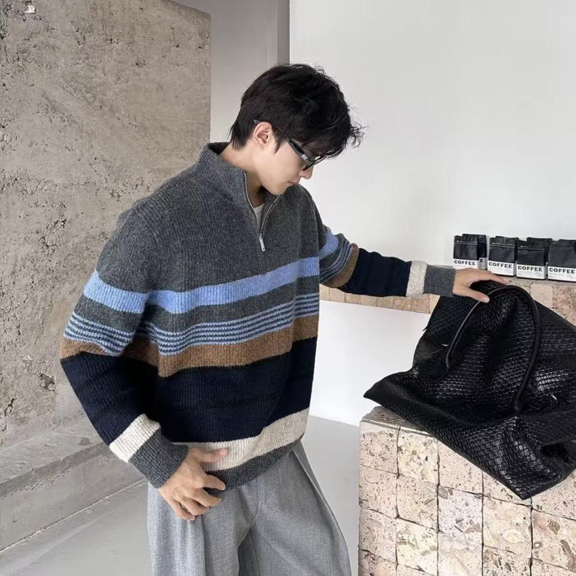 Men s Trendy Loose Half-Zip Knit Pullover for Fall and Winter XXL