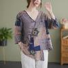 2022 Summer V-Neck Asymmetrical Cotton Linen Shirt - Printed, Plus Size, Mid-Length Sleeves, Retro Women's Fashion