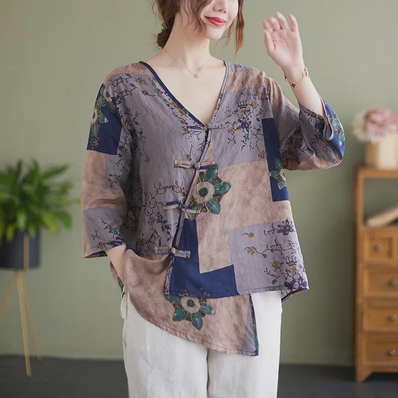 2022 Summer V-Neck Asymmetrical Cotton Linen Shirt - Printed, Plus Size, Mid-Length Sleeves, Retro Women's Fashion