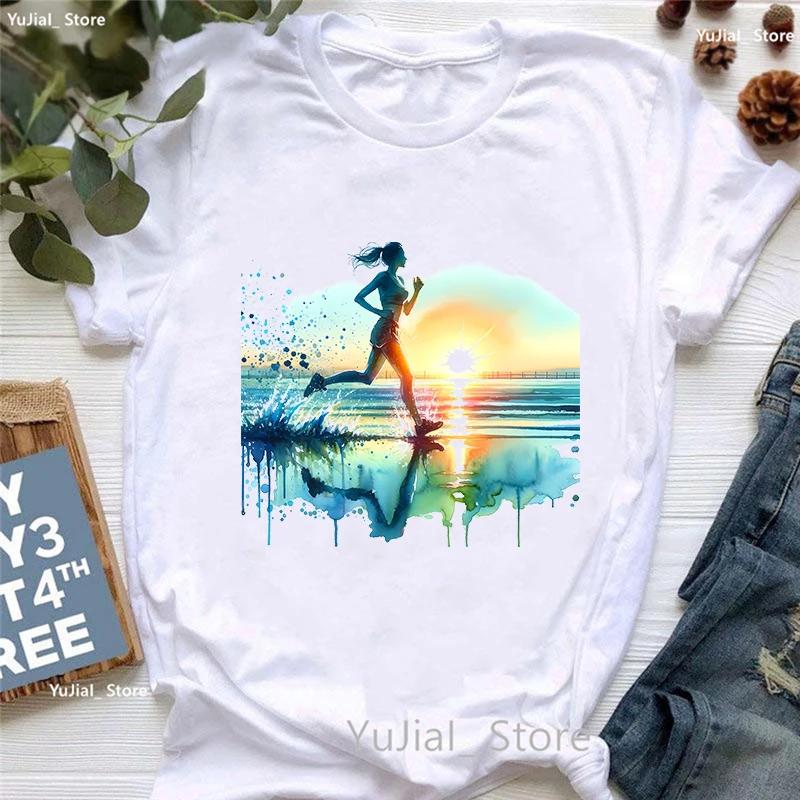 Colorful Running Girl Printed T Shirt Unisex Clothes 2024 Summer Fashion Tops Tee Shirt Femme Love Sports Tshirt Female