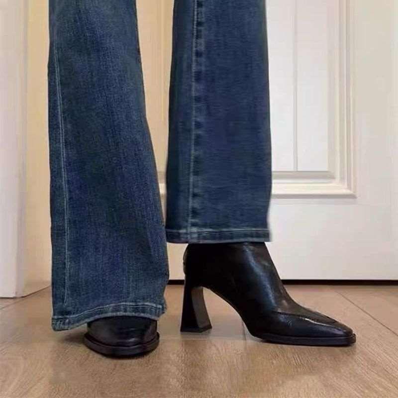 French stretch thin boots square Martin boots Korean version black thick heel high heel short boots women's autumn and winter