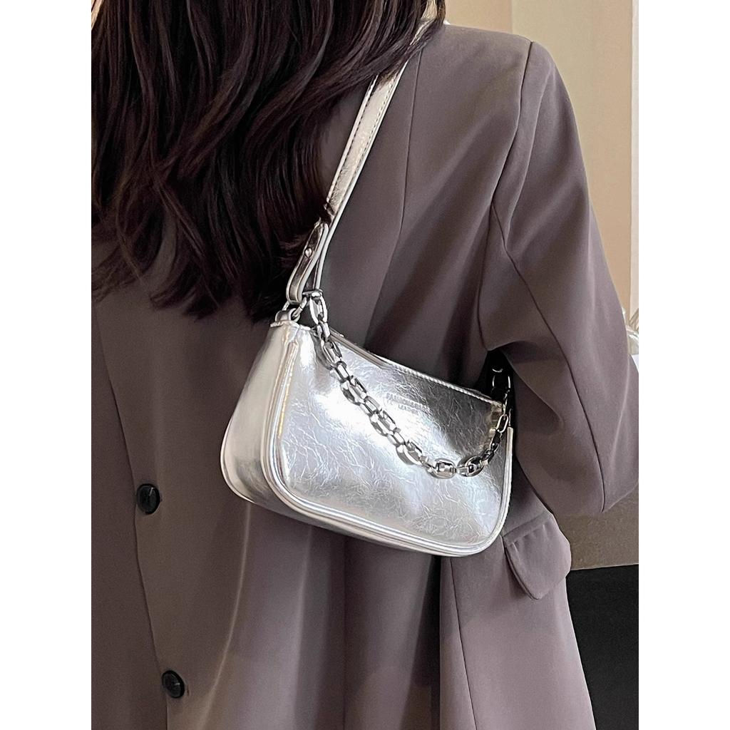 Premium Pearlescent Silver Small Bag Women's 2025 New Popular Versatile Shoulder Mahjong Bag Underarm Bag Messenger Bag