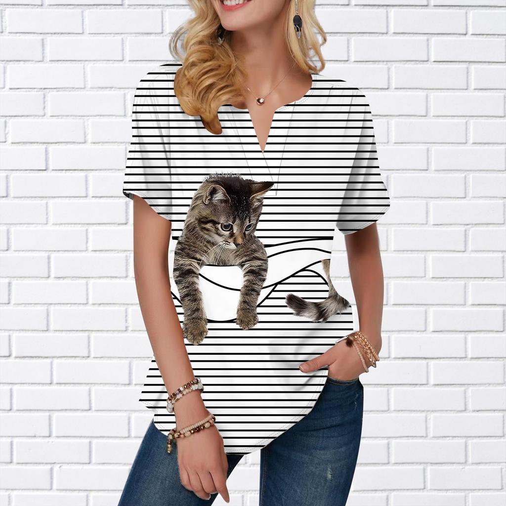 Damen Sommer T-Shirt Bagua Formation Cat Print Kurzarm T-Shirts Lässige bedruckte Oberteile Kleiner V-Ausschnitt Kurze Ärmel