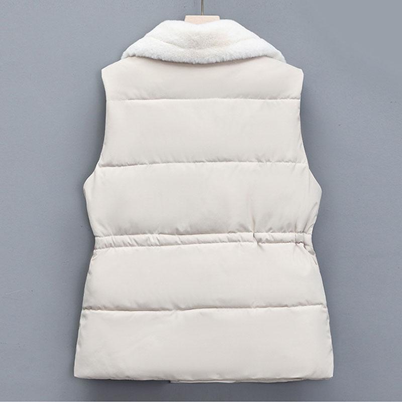 Winter Cotton Fur Integrated Down Vest Womens Puffer Vest Stand Collar Button Down Padded Jacket with Drawstring Waistcoat