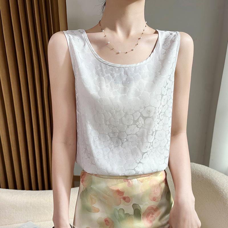 Acetate Satin Round Neck Printed Vest for Women In Summer Simple Smooth and Versatile Sleeveless Suspender Soft and Comfortable Top