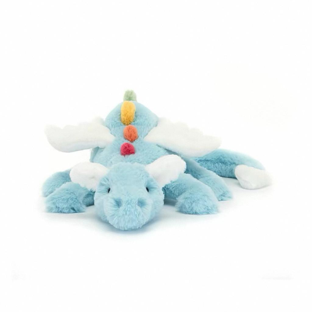Peluche Soffice Drago Azzurro Cielo Giocattolo di Peluche da JC, Bambola Drago con Spine Colorate e Ali Bianche per Regalo di Compleanno per Bambino