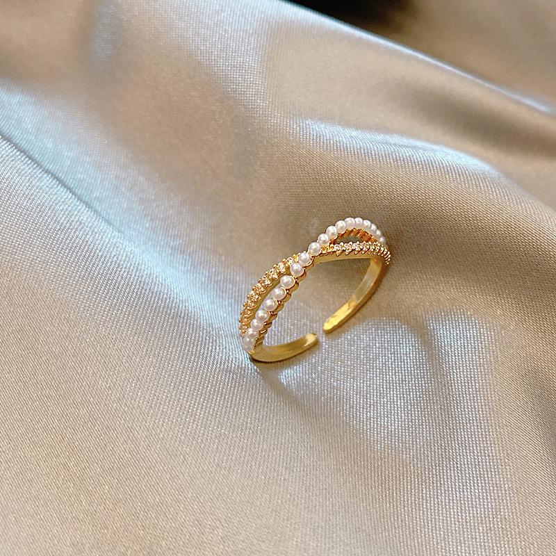 Temperament Cross Pearl Ring Women s Personality Light Luxury Zircon Joint Ring Ring Niche Design Index Finger Ring adjustable opening