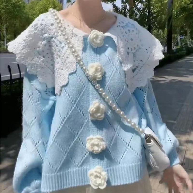 

DAFIFY Women s Fashion Casual Fall Winter Rhombus Print Long Sleeve POLO Neck Sweaters Size: One Size синий