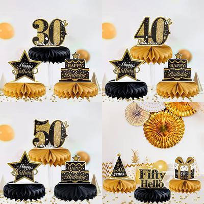 9pcs Black Gold Birthday Paper Honeycomb Ornaments 30th 40th 50th Birthday Party Decoration with Lights DIY Decorative Articles