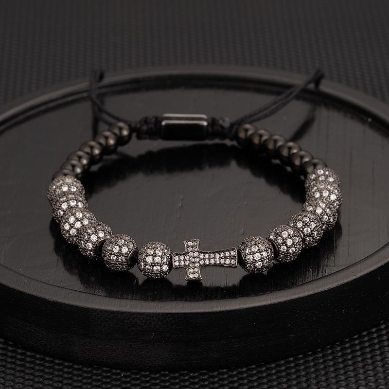 Men's Adjustable Braided Hip Hop Bracelet with Retro Copper Crown, Pineapple Beads, and Vacuum-Plated Titanium Steel.