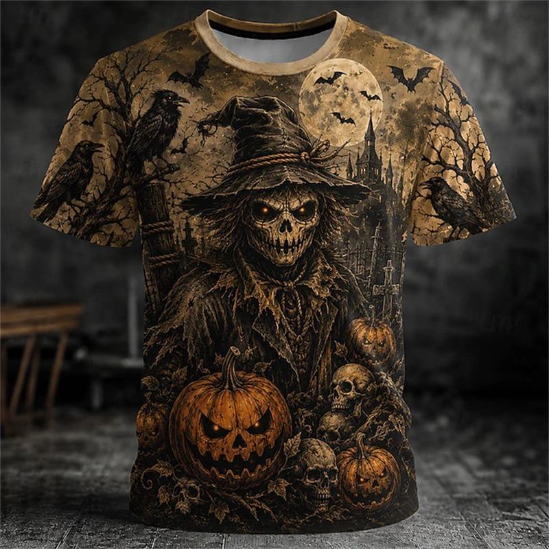 New Men's Crew-Neck T-Shirt Pumpkin Skeleton and Scarecrow Print Halloween Horror Casual Top Unisex Holiday Party Outfit