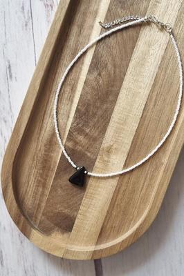Handmade Beaded Choker Necklace In White and Black with Glass Charm