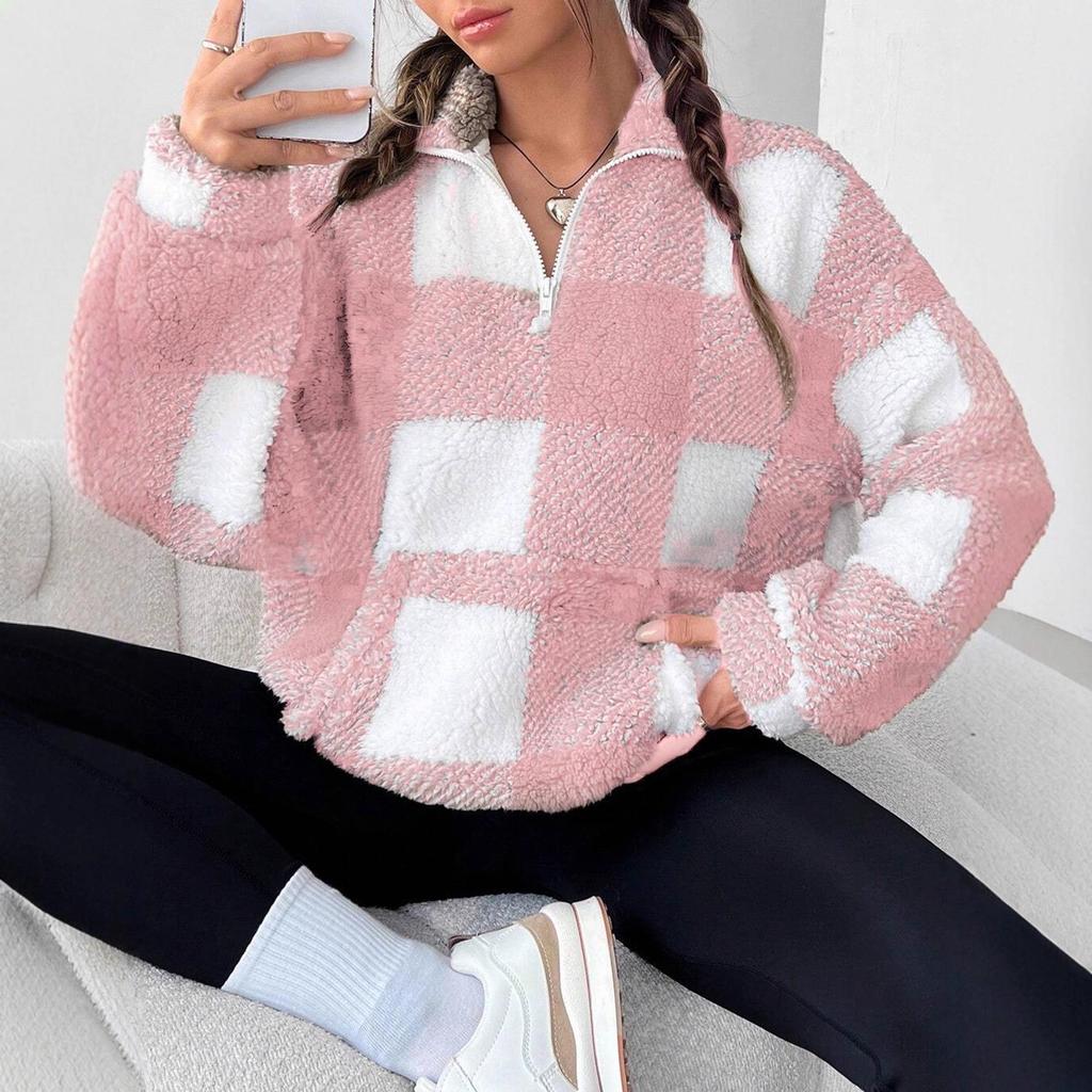2025 Cross-Border Plaid Plush Long-Sleeve Women's Casual Sweatshirt with Pockets