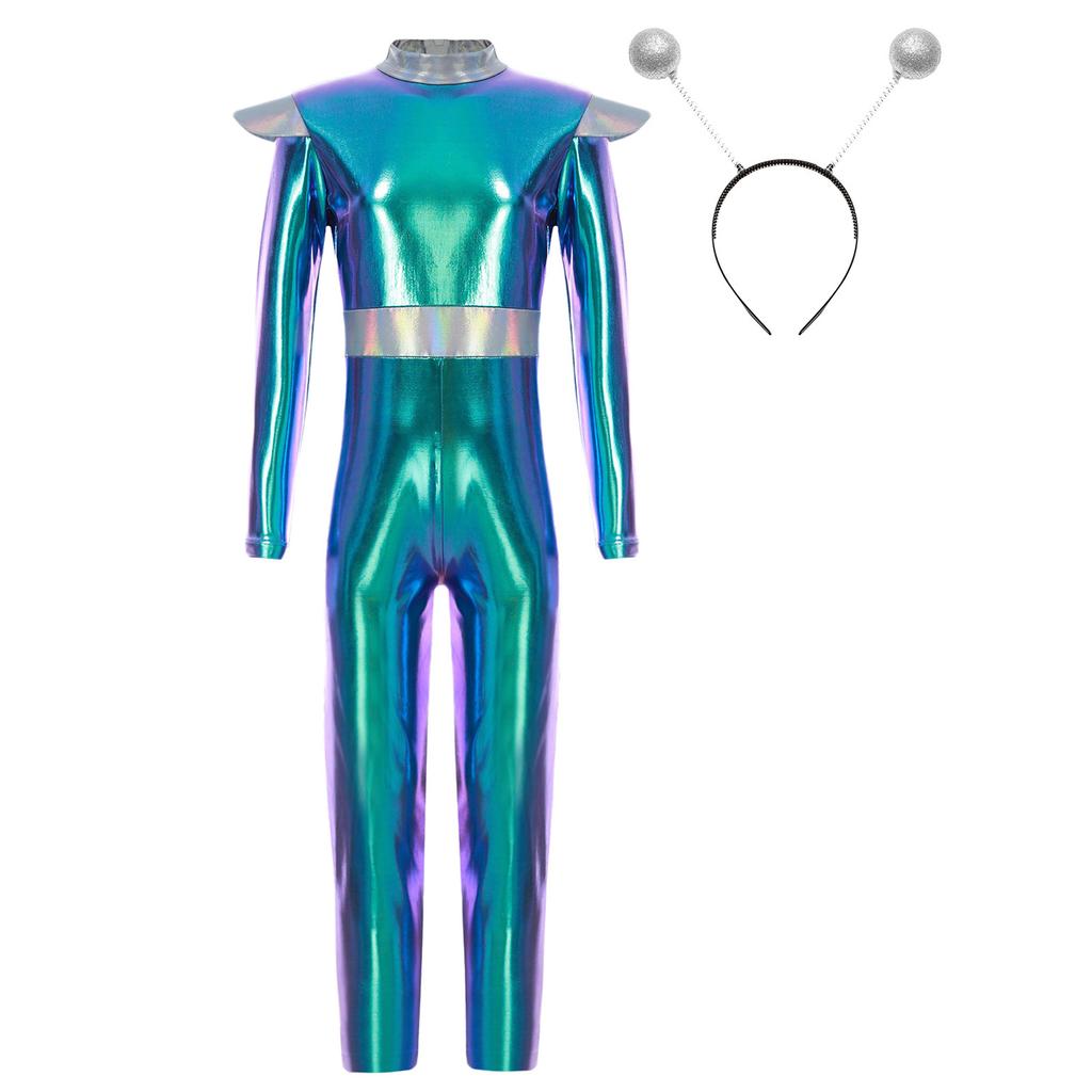 Kids Alien Cosplay Costume Long Sleeve Full Length Bodysuit Alien Hair Hoop Halloween Dress Up Party Costume Set