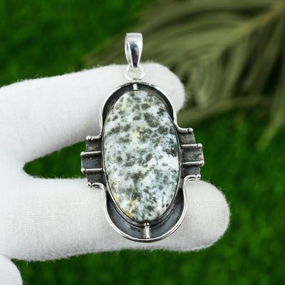 Natural Tree Agate Gemstone Pendant Handmade 925 Sterling Silver Indian Jewelry